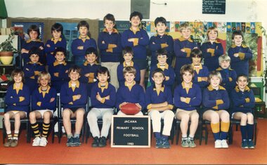 Formal Team photograph with children wearing purple football guernseys, in three rows, the front row is sitting, the child centre of the front row is holding a football. 