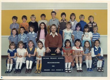 Formal Group Photograph of children in three rows the front row is sitting, with an adult sitting centre