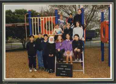 A Group of children posed on a climbing frame with a road and trees in the background 