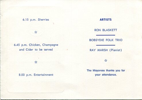 Folded cream reception card printed in blue ink, featuring the City of Broadmeadows seal and announcing a reception hosted by the Mayoress, Mrs Kath Laherty, at Broadmeadows City Hall on 9 March 1979, with interior text listing hospitality times and performing artists.
