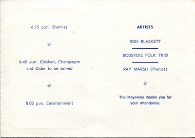Folded cream reception card printed in blue ink, featuring the City of Broadmeadows seal and announcing a reception hosted by the Mayoress, Mrs Kath Laherty, at Broadmeadows City Hall on 9 March 1979, with interior text listing hospitality times and performing artists.
