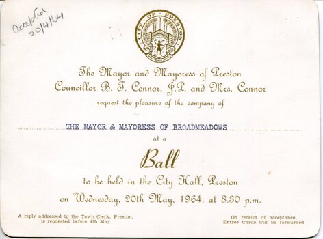 Recto of a formal printed invitation card featuring the City of Preston crest at the top and gold and blue text inviting the Mayor and Mayoress of Broadmeadows to a civic ball at City Hall, Preston on Wednesday 20 May 1964.