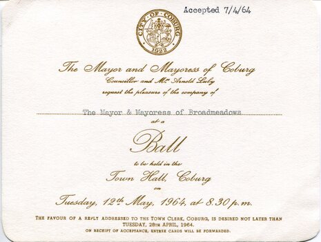 Front of a cream‑coloured printed invitation with rounded corners and an embossed City of Coburg crest at the top. Gold lettering invites the Mayor and Mayoress of Broadmeadows to a formal ball at Coburg Town Hall on Tuesday 12 May 1964 at 8.30 pm.