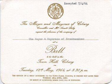 Front of a cream‑coloured printed invitation with rounded corners and an embossed City of Coburg crest at the top. Gold lettering invites the Mayor and Mayoress of Broadmeadows to a formal ball at Coburg Town Hall on Tuesday 12 May 1964 at 8.30 pm.