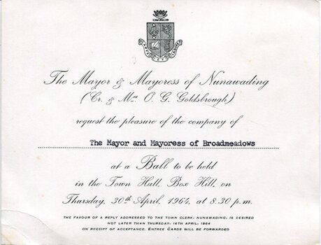 Front of a cream-coloured printed civic invitation featuring the municipal coat of arms of the City of Nunawading with formal text.