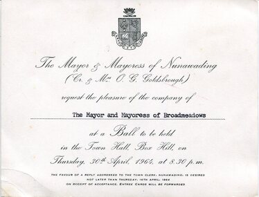 Front of a cream-coloured printed civic invitation featuring the municipal coat of arms of the City of Nunawading with formal text.