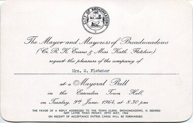 Cream‑coloured invitation card with rounded corners, featuring the City of Broadmeadows crest and formal black text inviting the named recipient to a Mayoral Ball at Essendon Town Hall on Tuesday, 9 June 1964 at 8.30 pm.