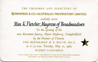 Printed invitation card on cream cardstock with rounded corners, featuring gold and black text inviting Miss K. Fletcher, Mayoress of Broadmeadows, to the opening of the Rowntree factory at Campbellfield on 12 May 1964, officiated by the Premier of Victoria, with a gold star motif on the right.