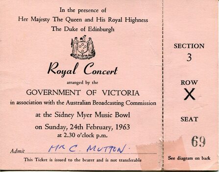 Front of a pale pink admission ticket for a Royal Concert at the Sidney Myer Music Bowl on 24 February 1963, featuring formal event details, royal attendance, organiser information, and non‑transferable, named seating for Mr C. Mutton, with visible wear from use.