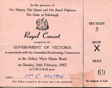 Front of a pale pink admission ticket for a Royal Concert at the Sidney Myer Music Bowl on 24 February 1963, featuring formal event details, royal attendance, organiser information, and non‑transferable, named seating for Mr C. Mutton, with visible wear from use.