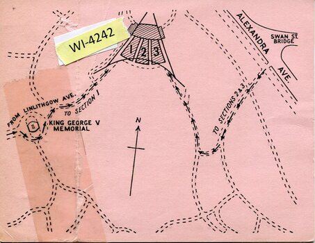 Back of a pale pink ticket featuring a printed directional access map to the Sidney Myer Music Bowl, showing surrounding streets, guided seating routes, a hand‑applied “WI‑4242” label, and visible folds, discoloration, and surface wear.