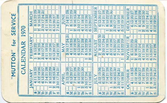 The reverse of the blue and white pocket calendar card showing a printed 1970 calendar grid with a campaign heading, with rounded corners and minor wear.