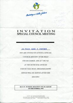 Printed A4 invitation from the City of Broadmeadows featuring a blue and green logo and the slogan “Building a better future,” announcing a Special Council Meeting on 5 December 1994 at the Municipal Offices, Pascoe Vale Road, Broadmeadows, with RSVP details and a handwritten recipient name “Mr Steve Gore & Partner.” 