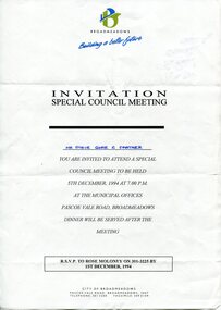 Printed A4 invitation from the City of Broadmeadows featuring a blue and green logo and the slogan “Building a better future,” announcing a Special Council Meeting on 5 December 1994 at the Municipal Offices, Pascoe Vale Road, Broadmeadows, with RSVP details and a handwritten recipient name “Mr Steve Gore & Partner.” 