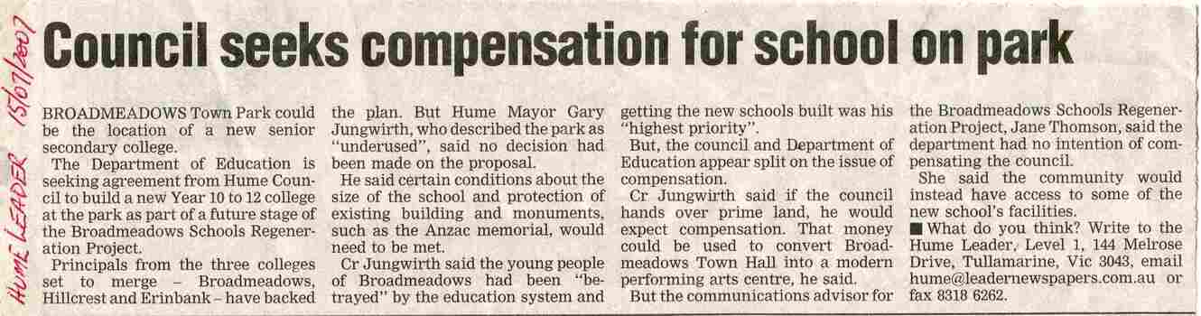 Hume Leader article about a proposed senior secondary college at Broadmeadows Town Park, council compensation concerns, and comments from Mayor Gary Jungwirth.