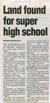 Newspaper article by George Ierodiaconou reporting that Broadmeadows Town Park had been identified by the Education Department as the proposed site for a new regional secondary school as part of plans to merge local secondary schools.