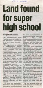 Newspaper article by George Ierodiaconou reporting that Broadmeadows Town Park had been identified by the Education Department as the proposed site for a new regional secondary school as part of plans to merge local secondary schools.