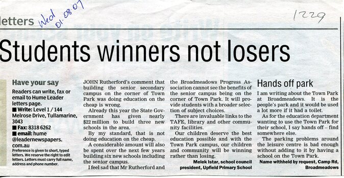Newspaper clipping from the Hume Leader dated approximately 1 August 2007 featuring a letters-to-the-editor page titled “Students winners not losers.” The page discusses the proposed senior secondary campus at Town Park, Broadmeadows, with one letter supporting the development and another opposing it.