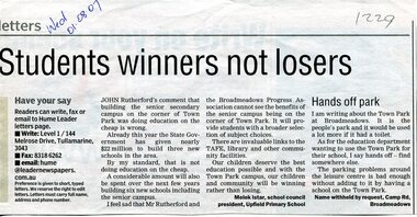 Newspaper clipping from the Hume Leader dated approximately 1 August 2007 featuring a letters-to-the-editor page titled “Students winners not losers.” The page discusses the proposed senior secondary campus at Town Park, Broadmeadows, with one letter supporting the development and another opposing it.