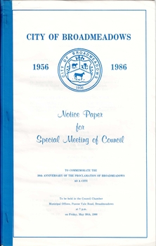 Cover page of a City of Broadmeadows notice paper for a Special Meeting of Council held on 30 May 1986. Blue text and the City of Broadmeadows seal appear on a white background. The publication commemorates the 30th anniversary of Broadmeadows' proclamation as a city in Victoria.
