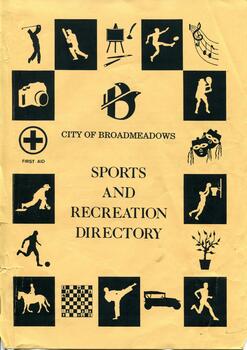 Front cover of the 1993 City of Broadmeadows Sports and Recreation Directory, printed on tan paper with black sports and recreation pictograms surrounding the title and City of Broadmeadows logo.