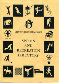 Front cover of the 1993 City of Broadmeadows Sports and Recreation Directory, printed on tan paper with black sports and recreation pictograms surrounding the title and City of Broadmeadows logo.