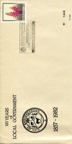 Commemorative Australia Post envelope marking 125 years of local government, 1857-1982. Features the City of Broadmeadows crest, a 27-cent Common Heath stamp, a special Broadmeadows anniversary postmark dated 27 November 1982, and limited-edition number 0486 of 2000.