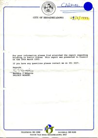 City of Broadmeadows cover letter and Council minutes dated 29 March 1993 concerning drinking in public places. Includes consultation findings, legal issues, local law proposals, recommendations for local shopping centres, handwritten annotations, highlighted passages, and catalogue labels. 