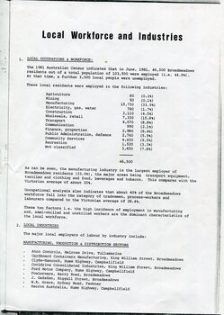 Black-and-white cover page of a municipal statistical report titled "Local Workforce and Industries". The page contains typed text and statistical information relating to employment, workforce composition and major industries within the City of Broadmeadows during the early 1980s.