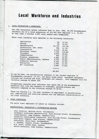 Black-and-white cover page of a municipal statistical report titled "Local Workforce and Industries". The page contains typed text and statistical information relating to employment, workforce composition and major industries within the City of Broadmeadows during the early 1980s.