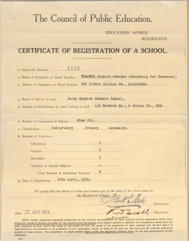 Image of Certificate of Registration of a School, 24 April 1923