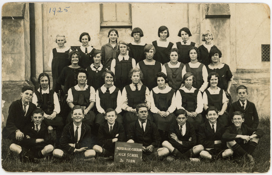 Original postcard, black and white photograph of secondary school students (Form D2) in 1925, Mordialloc-Carrum High School. Recipe for fruit cake in pencil on reverse.
