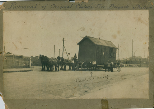 Building being transported on dray pulled by Clydesdale horses 1927/moved from Station Street to Catherine Avenue to corner of Thames Promenade and Station Street 