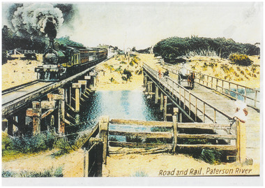 P00047 Rail and Road over Patterson River steam train coloured