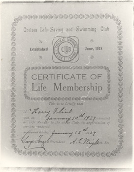 P01079 Chelsea Life Saving Club certificate Harry Flint 1927