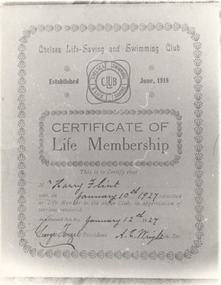 P01079 Chelsea Life Saving Club certificate Harry Flint 1927