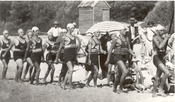 P01081 Chelsea Life Savers drill on beach c1925