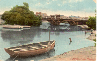 Mordialloc Creek bridge coloured postcard