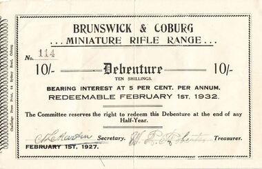 Brunswick and Coburg Miniature Rifle Range debenture, 1927c