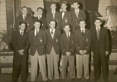 Black and white photograph of the Dawn Cricket Club, Merlynston, Premiers 1952-53, 1953
