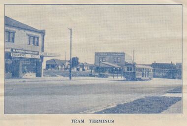 Colour image of West Coburg tram terminus, 1941
