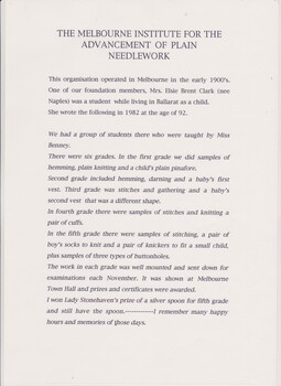 The Melbourne Institute for the Advancement of Plain Needlework