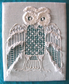 Textile - Whitework Owl Panel, Miss Leslie Uren, Mid 20th Century