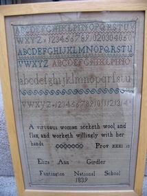 Textile - Eliza Ann Girdler. Huntington National School. 1839 Sampler, Eliza Ann Girdler, 1839