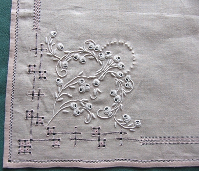 Drawn Thread and Embroidered Pink Linen Handkerchief 