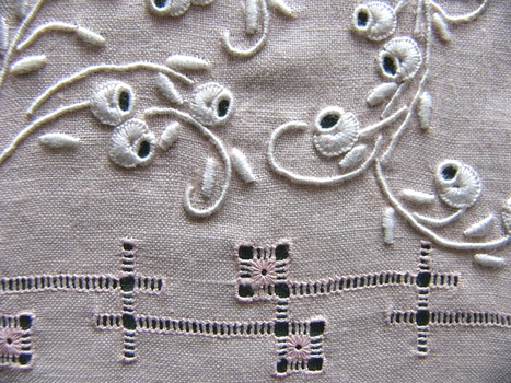 Drawn Thread and Embroidered Pink Linen Handkerchief 