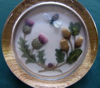 Functional Object - Stumpwork Paperweight Jane Nicholas, Jane Nicholas, Stumpwork Paperweight "Thistles and Acorns", 1993