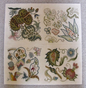 Textile - Royal School of Needlework Jacobean Crewel Sampler, Mrs Elizabeth Lewis, RSN Jacobean Crewel Sampler, 1940-1960
