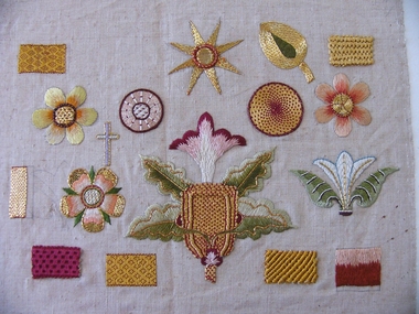 Textile - Royal School of Needlework Metal Thread Sampler, Miss Elizabeth Lewis, 1920-40