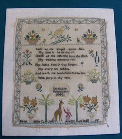 Textile - Sarah Ann Fellows Sampler 1844, Sarah Ann Fellows, 1884